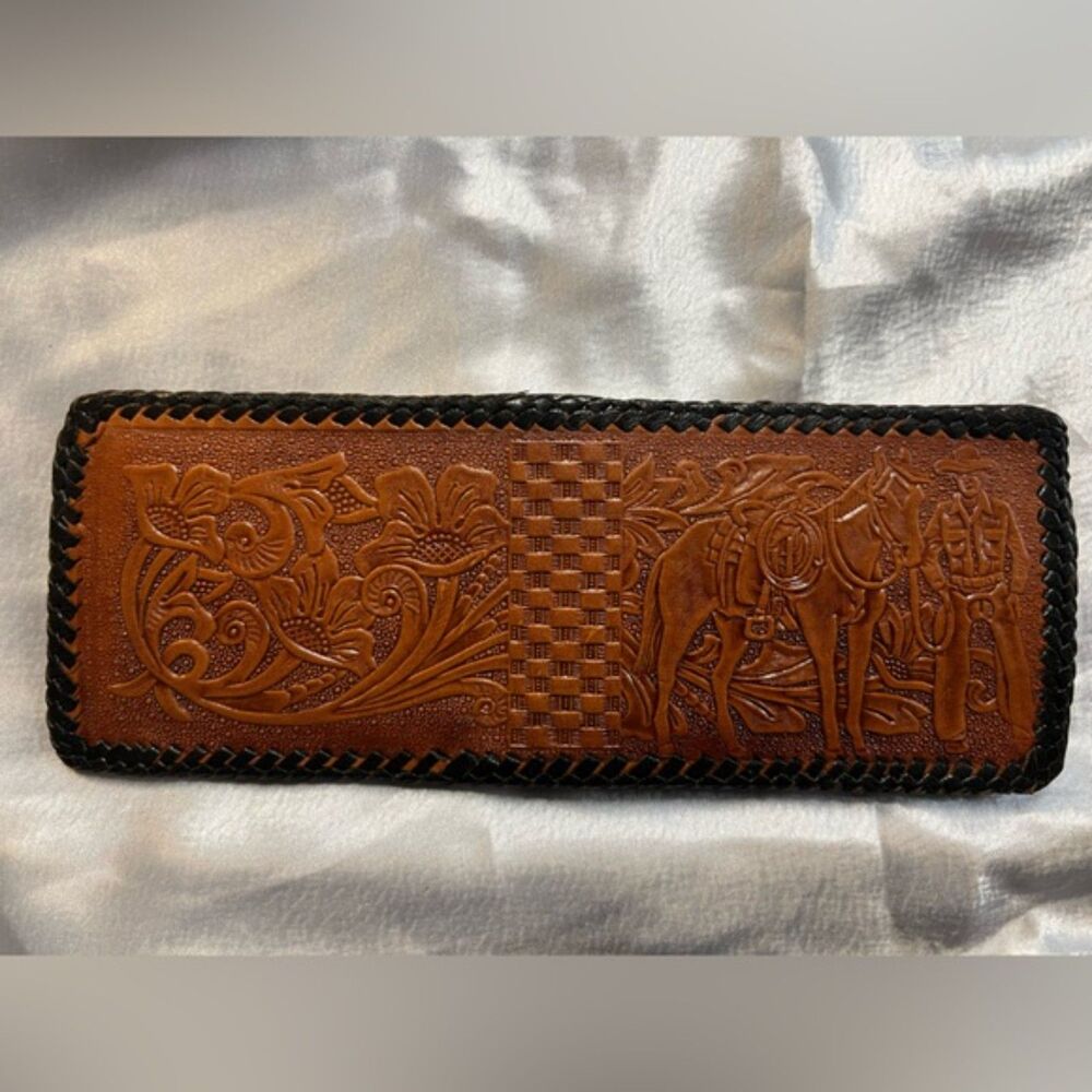 Vintage Tooled Leather Cowboy Long Wallet Made in Mexico